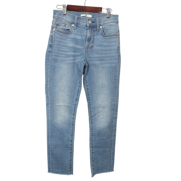 7 For All Mankind Roxanne Ankle W 25 L 26 Straight Light Blue Jeans Raw Hem - Picture 1 of 11